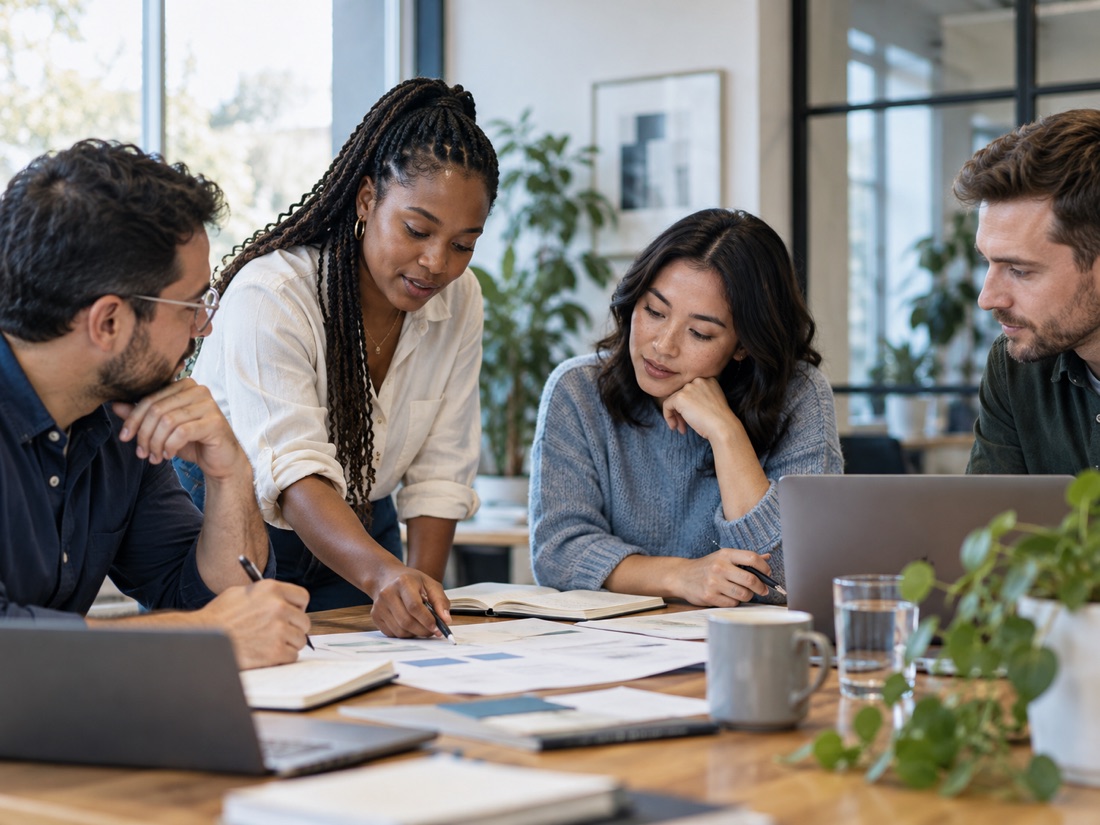 Four colleagues reviewing documents together at a table